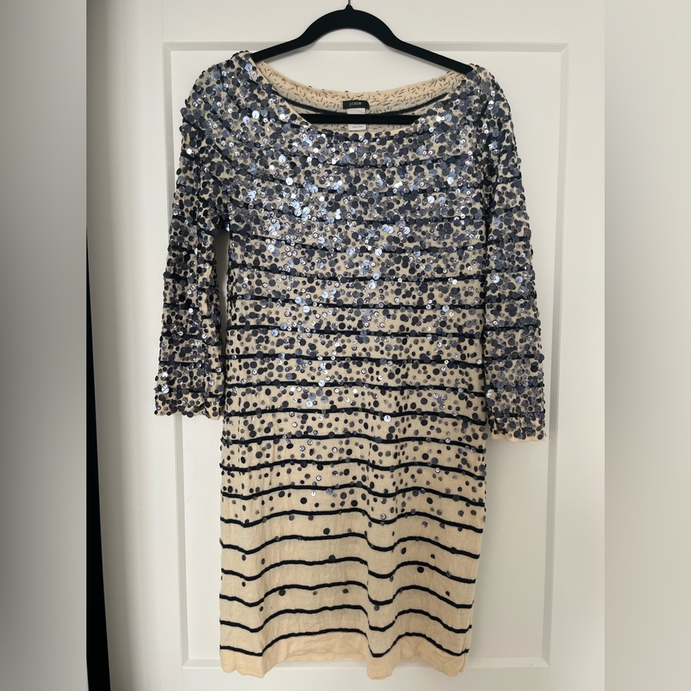 JCrew Merino Wool Confetti Stripe Sweater Dress, Navy and Cream, Size Medium